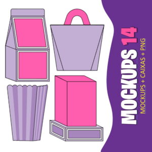Ilustrações digitais de mockups de caixas e sacolas em rosa e lilás.