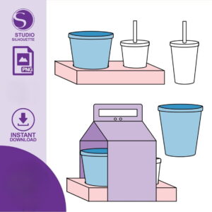 Arte digital de baldes e copos em diferentes formatos e cores.