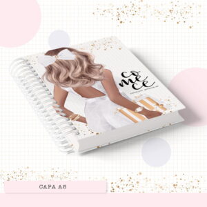 Design digital de capa A5 para planner, com ilustração de mulher e brilhos dourados.