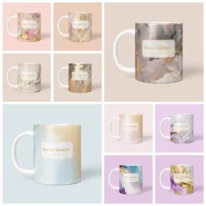 Apresentação em grade de várias canecas brancas com estampas abstratas e personalizadas.