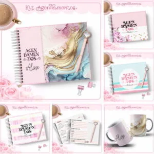 Apresentação de kit de agendamentos em várias versões com canetas e xícaras decorativas.
