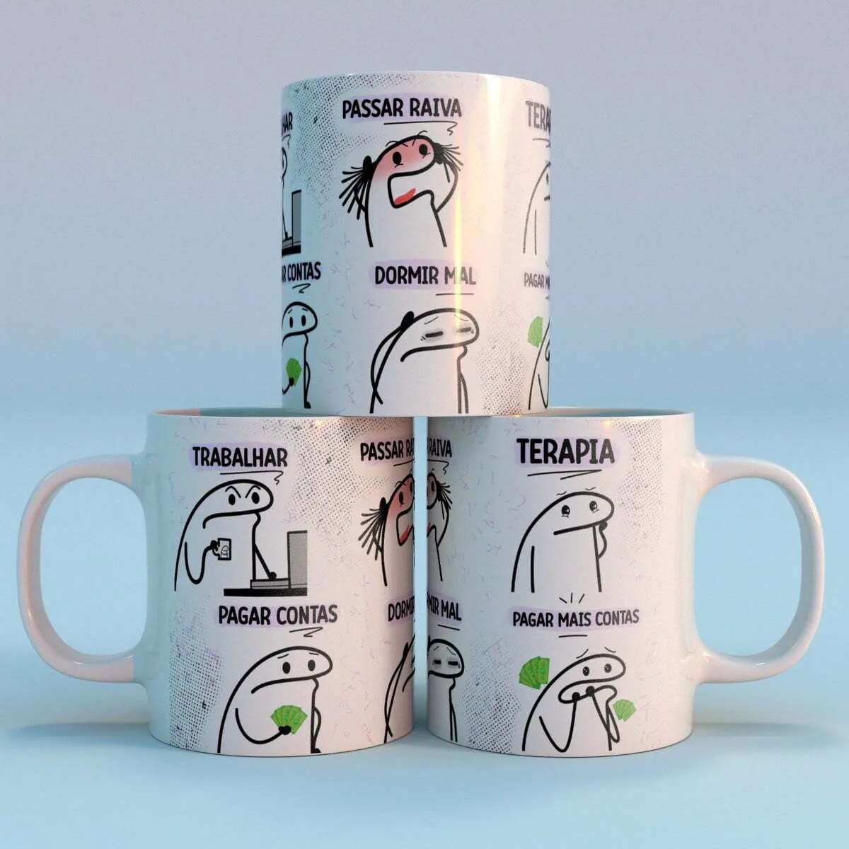 Tres canecas brancas estampadas com desenhos humoristicos e textos em portugues sobre rotina.