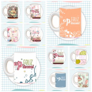 Variados designs digitais de canecas de Páscoa com coelhos e elementos festivos.