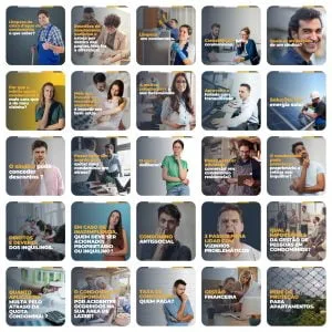 Conjunto de cartões digitais exibindo diversas situações cotidianas relacionadas a administração de condomínios residenciais.