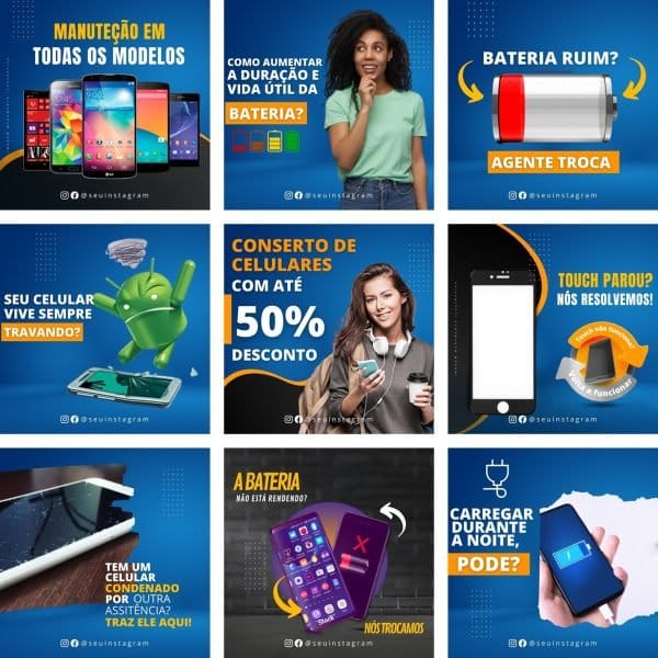 Pack Canva Assistências Técnicas de Celular 25 Modelos Editáveis+ Bônus