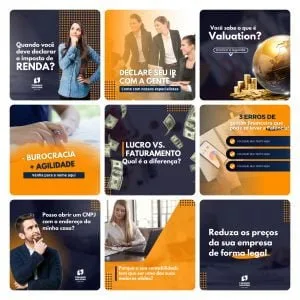 Conjunto de nove artes digitais para redes sociais com temas contábeis e financeiros empresariais.