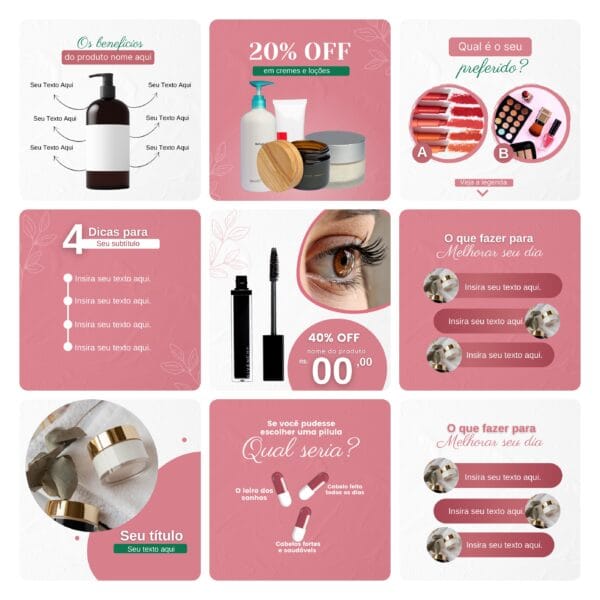 Pack Canva Cosméticos Saúde 30 Modelos Editáveis+ Bônus