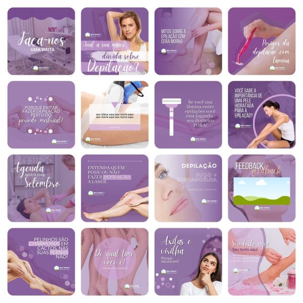 Pack Canva Depilação Depiladora Lilás 2.0 33 Modelos Editáveis+ Bônus