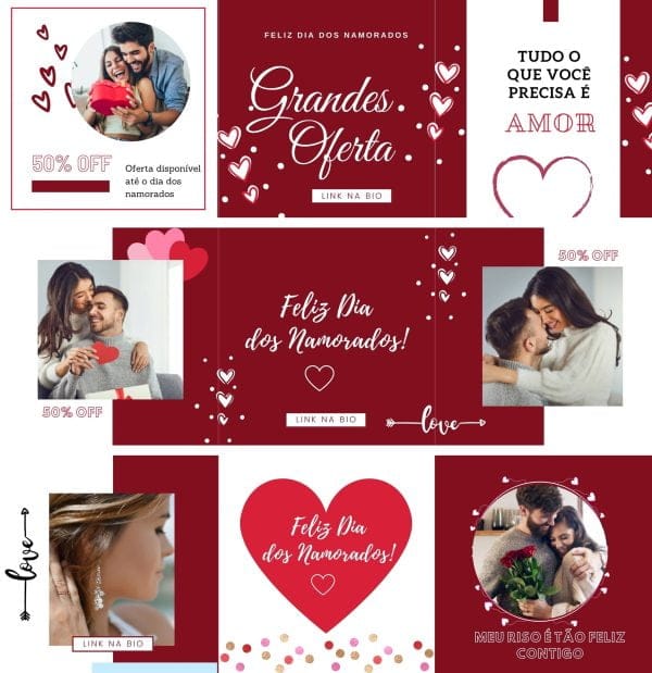 Pack Canva Dia dos Namorados Carrossel 6 Modelos Editáveis+ Bônus