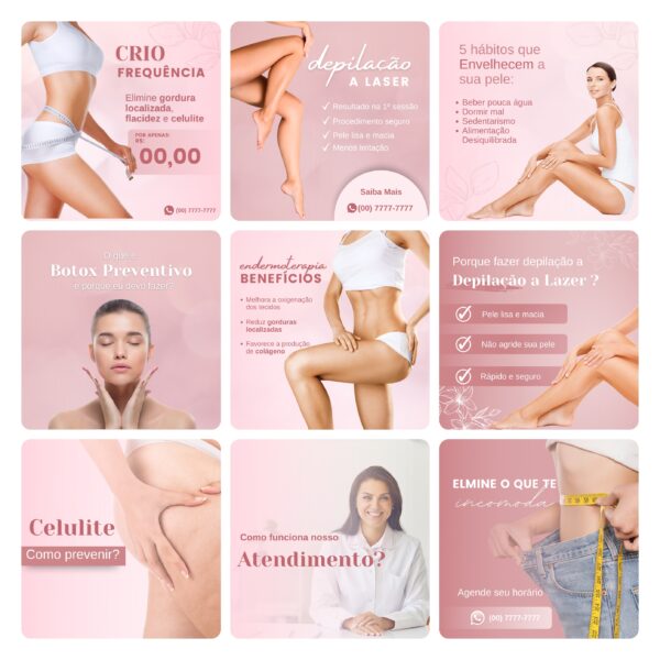 Pack Canva Estética Beleza 3.0 60 Modelos Editáveis+ Bônus