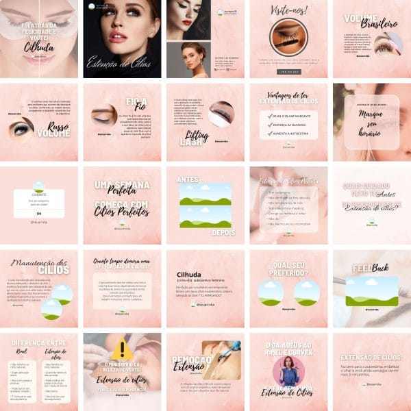 Pack Canva Extensão de Cílios 25 Modelos Editáveis+ Bônus