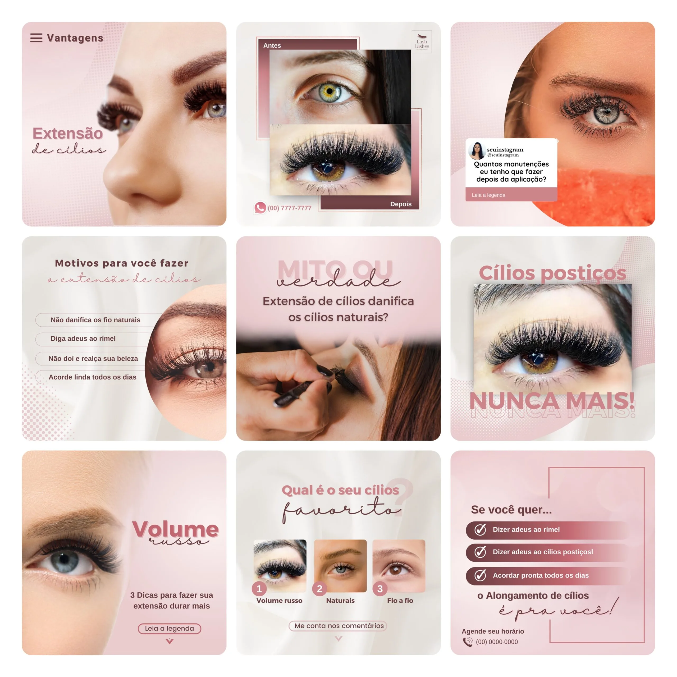 Pack Canva Extensão de Cílios 30 Modelos Editáveis+ Bônus 2 Posts de rede social exibindo fotos de olhos com extensão de cílios aplicada.