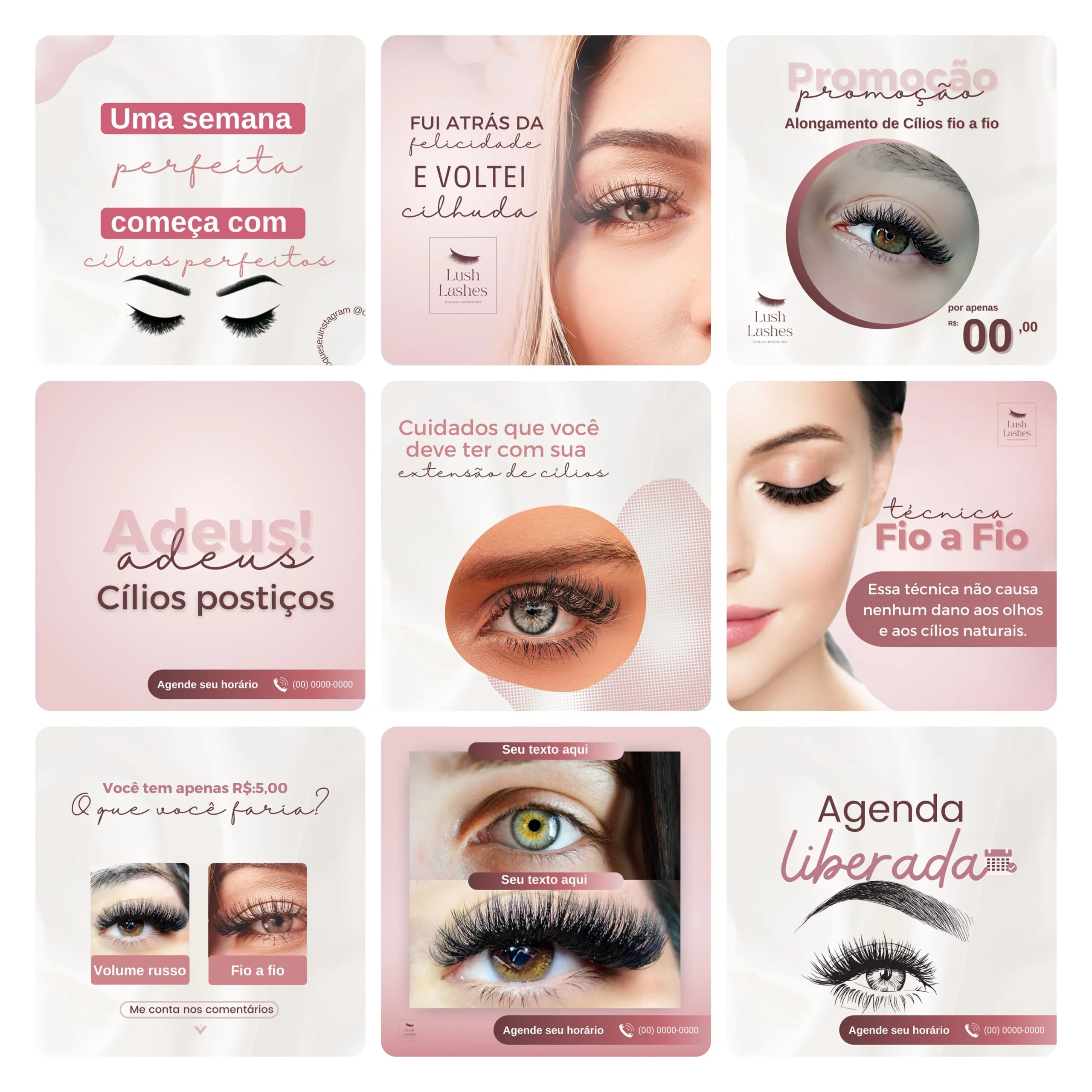 Pack Canva Extensão de Cílios 30 Modelos Editáveis+ Bônus 1 Grade de nove postagens para redes sociais sobre alongamento de cílios com imagens.