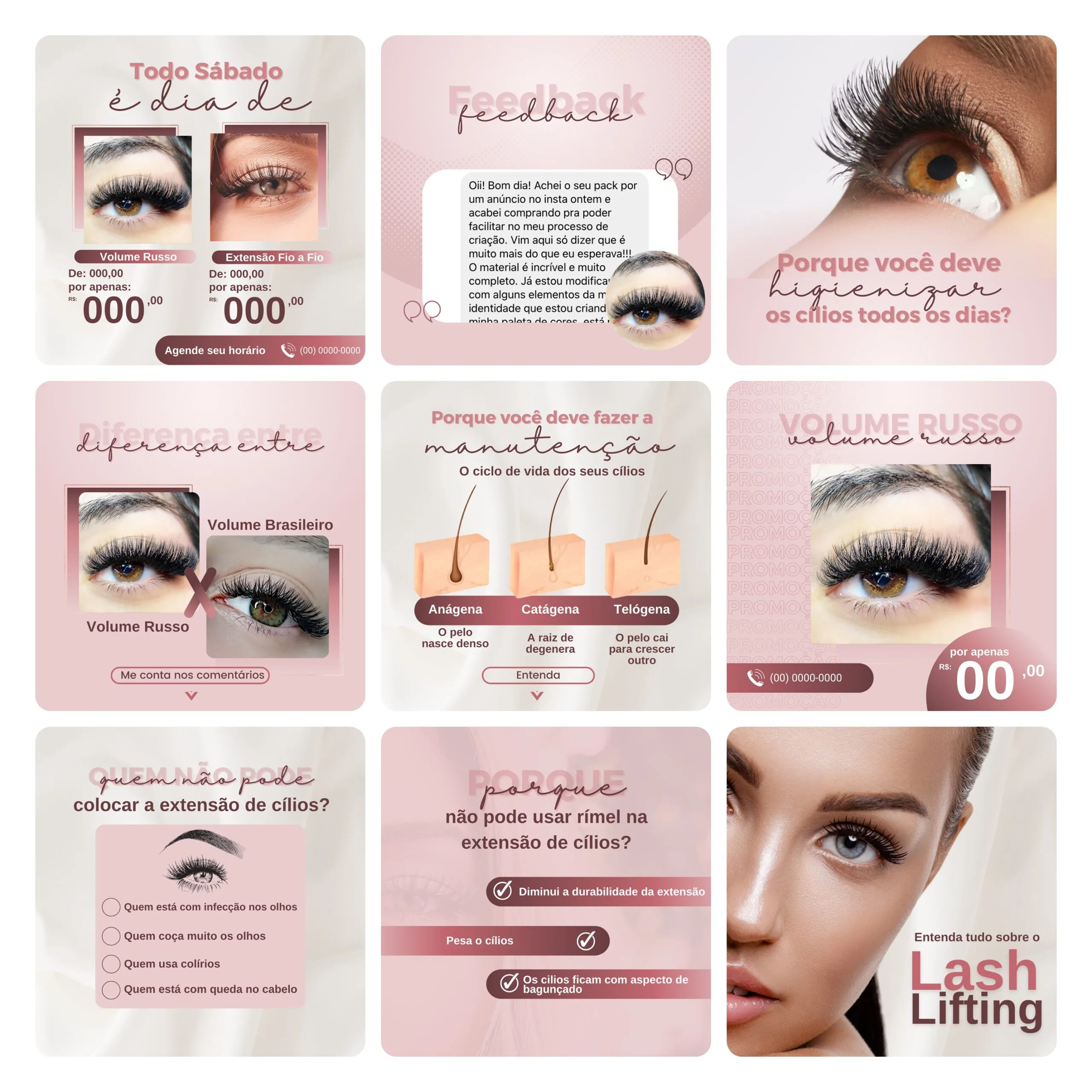 Pack Canva Extensão de Cílios 30 Modelos Editáveis+ Bônus 3 Conjunto de peças gráficas para redes sociais sobre extensão e cuidado de cílios.