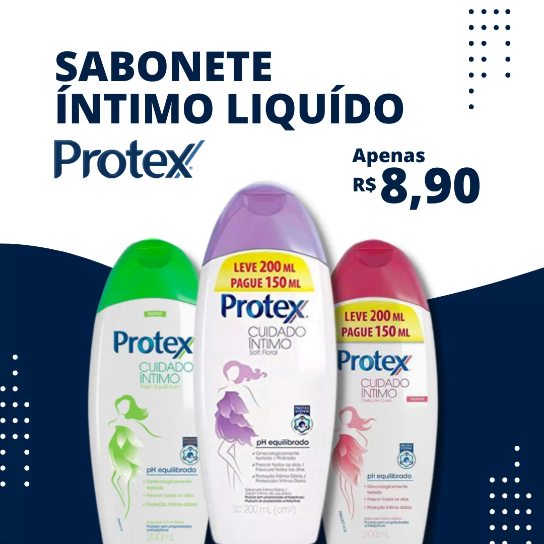 Três frascos de sabonete íntimo líquido exibidos em fundo branco com detalhes em azul.