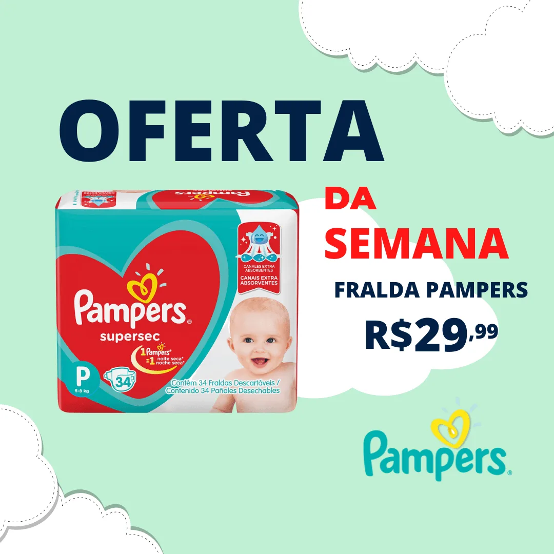 Anúncio promocional destacando pacote de fraldas descartáveis com preço e nome da marca.