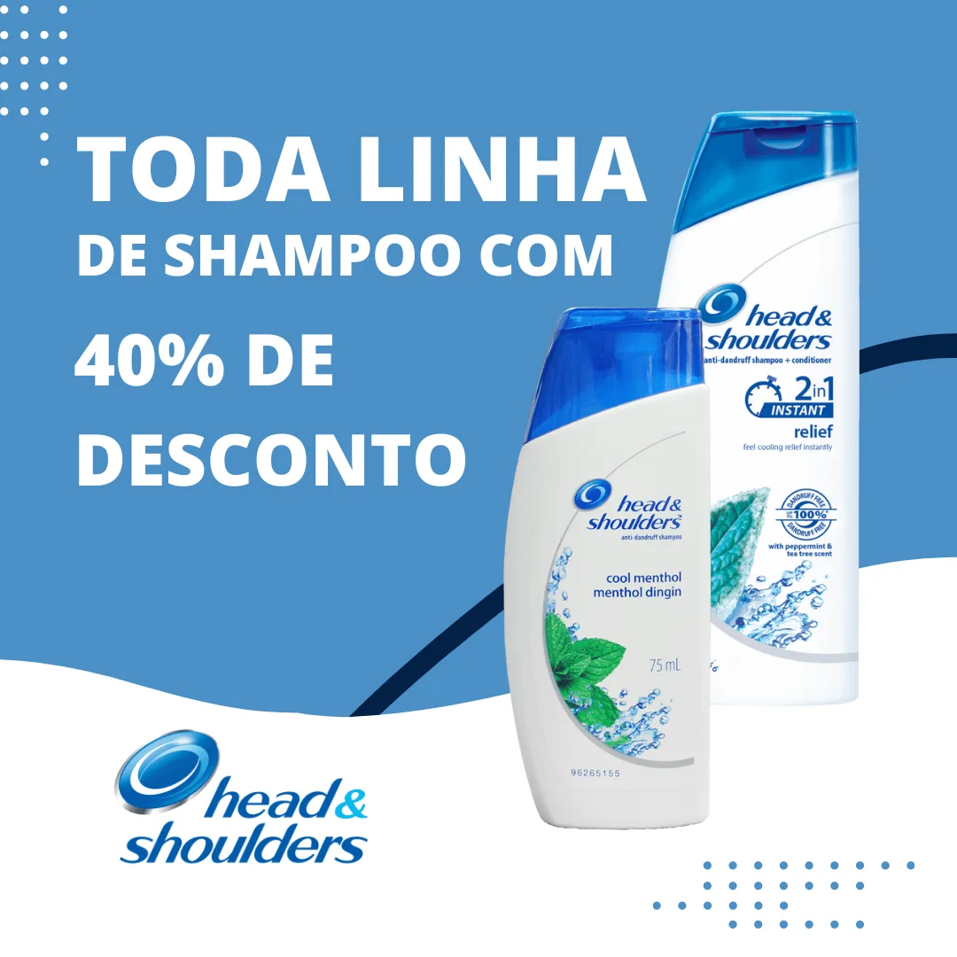 Dois frascos de shampoo em destaque sobre fundo azul com anúncio de desconto.