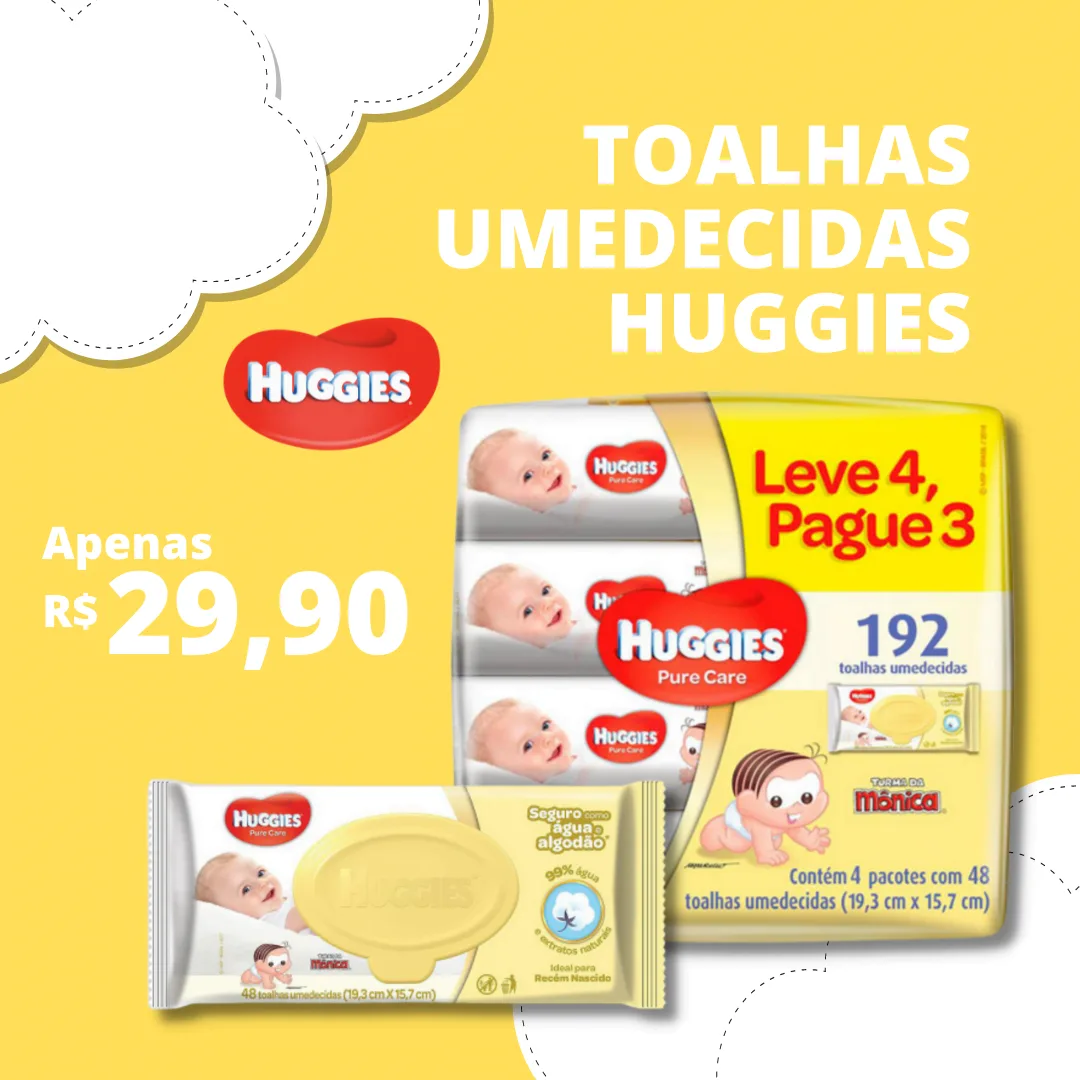 Pacotes de toalhas umedecidas infantis dispostos sobre um fundo amarelo com textos promocionais.