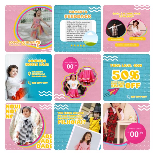 Pack Canva Loja de Roupa Infantil Kids 30 Modelos Editáveis+ Bônus
