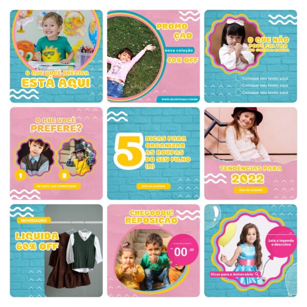 Pack Canva Loja de Roupa Infantil Kids 30 Modelos Editáveis+ Bônus