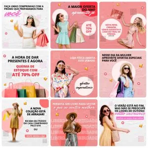 Pack Canva Loja de Roupas 30 Modelos Editáveis+ Bônus 14 Conjunto de nove painéis digitais apresentando mulheres jovens posando com sacolas de compras variadas.
