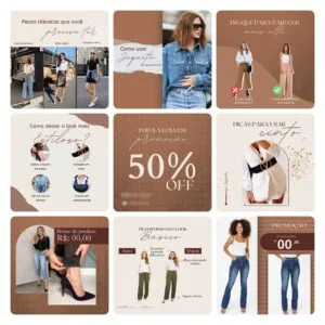 Coleção de imagens de redes sociais com dicas de moda e promoções visuais.