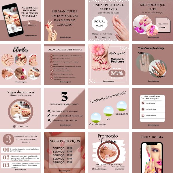 Pack Canva Manicure e Pedicure 100 Modelos Editáveis+ Bônus