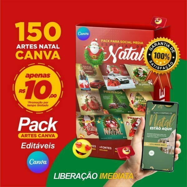 Pack Canva Natal 150 Modelos EditáveisMídias Sociais + Bônus
