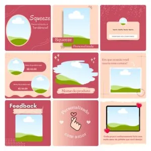 Grid de artes digitais com tons rosados exibindo modelos para divulgação em redes sociais.