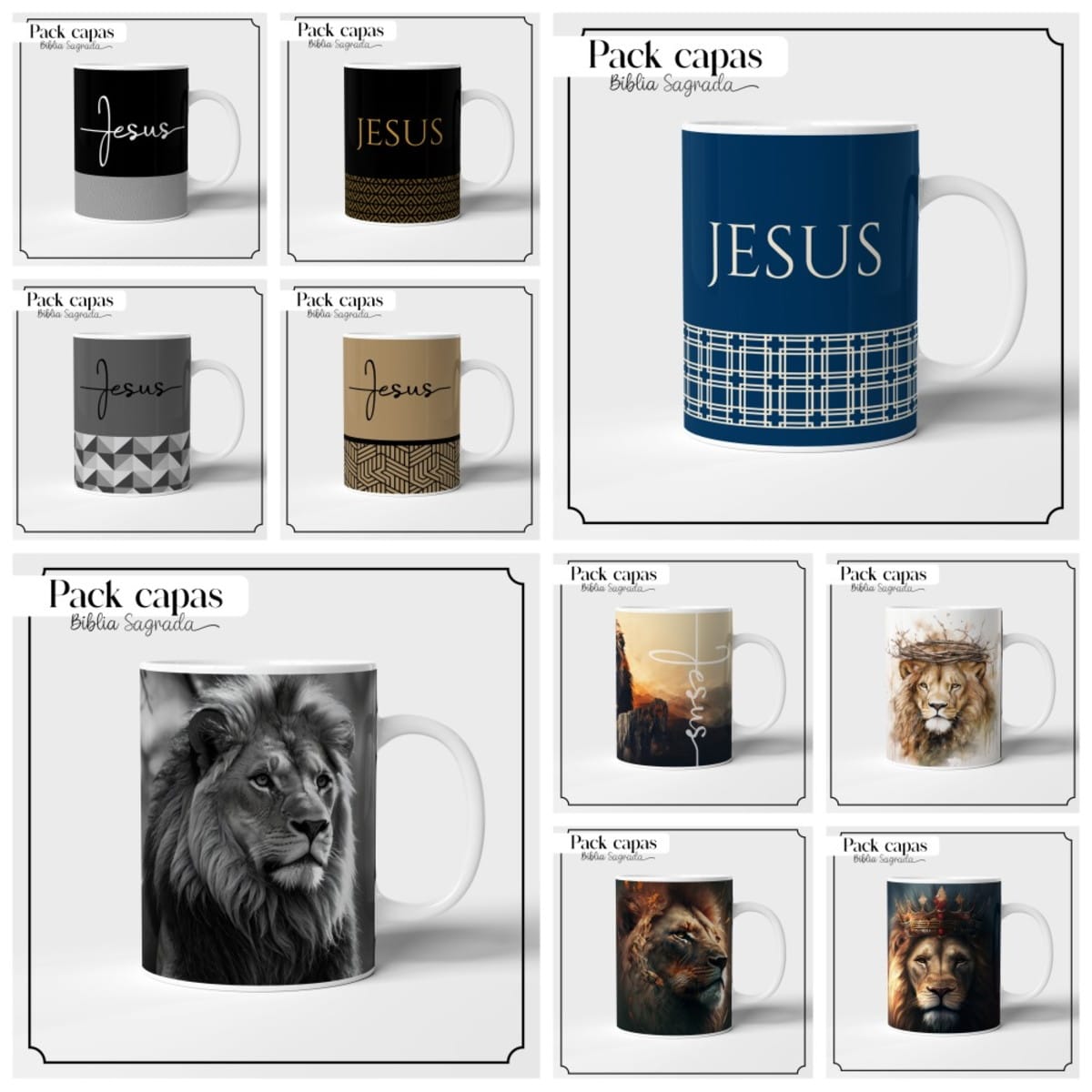 Pack Capas de Bíblia Masculina com Leão para Sublimação 2 Coleção de canecas brancas estampadas com artes variadas e textos religiosos
