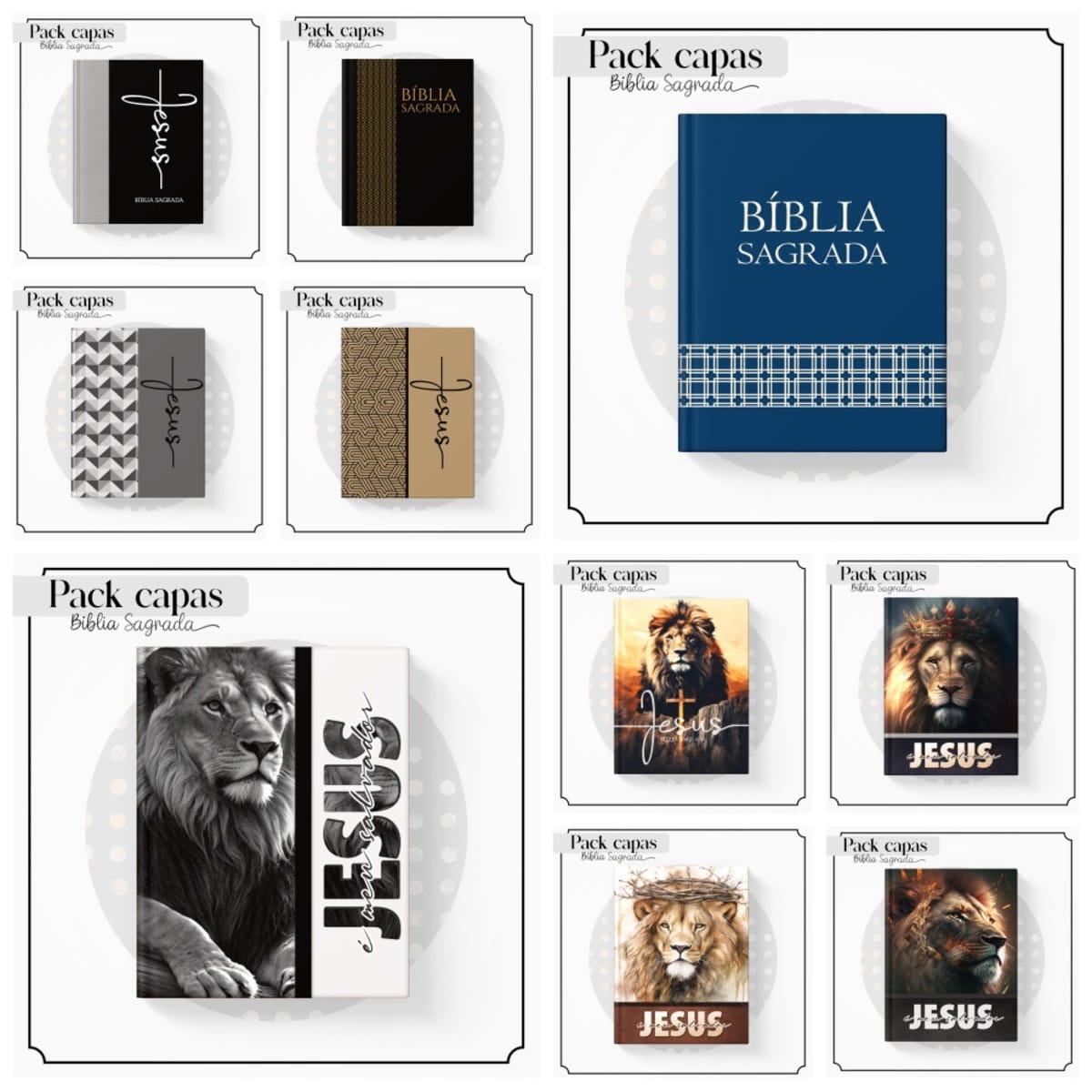Pack Capas de Bíblia Masculina com Leão para Sublimação 1 Apresentação em grade mostrando diversos modelos de capas de livros com textos variados.
