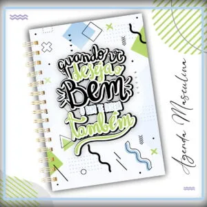 Pack Capas Lettering Masculina - Arquivo Digital 27 Capa de agenda espiral com fundo branco, formas geométricas e frases motivacionais impressas.
