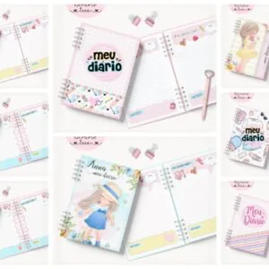 PACK DIÁRIO TEEN MENINA - ARQUIVO DIGITAL 34 Vários cadernos personalizados e papéis de carta em estilo infantil com ilustrações delicadas.