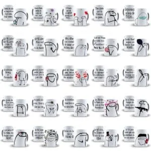 Coleção de canecas brancas com ilustrações de bonecos de traço e frases engraçadas.