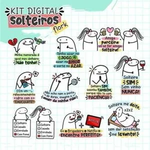 Conjunto de adesivos digitais de personagens desenhados com frases engraçadas sobre vida de solteiro.
