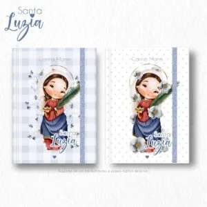 Pack Ilustrações Aquarela Santa Luzia Santinhos em Png 15 Dois cadernos com capas ilustradas com uma figura feminina e flores azuis