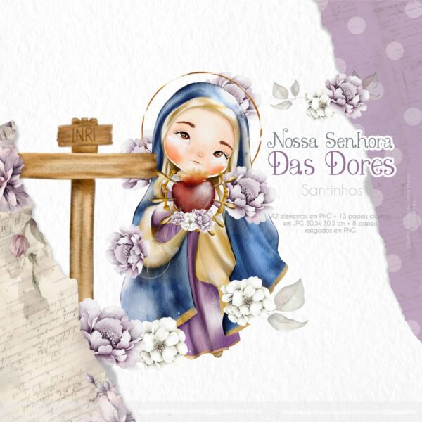 Pack Ilustrações Nossa Senhora das Dores Santinhos Aquarela