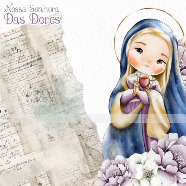 Pack Ilustrações Nossa Senhora das Dores Santinhos Aquarela