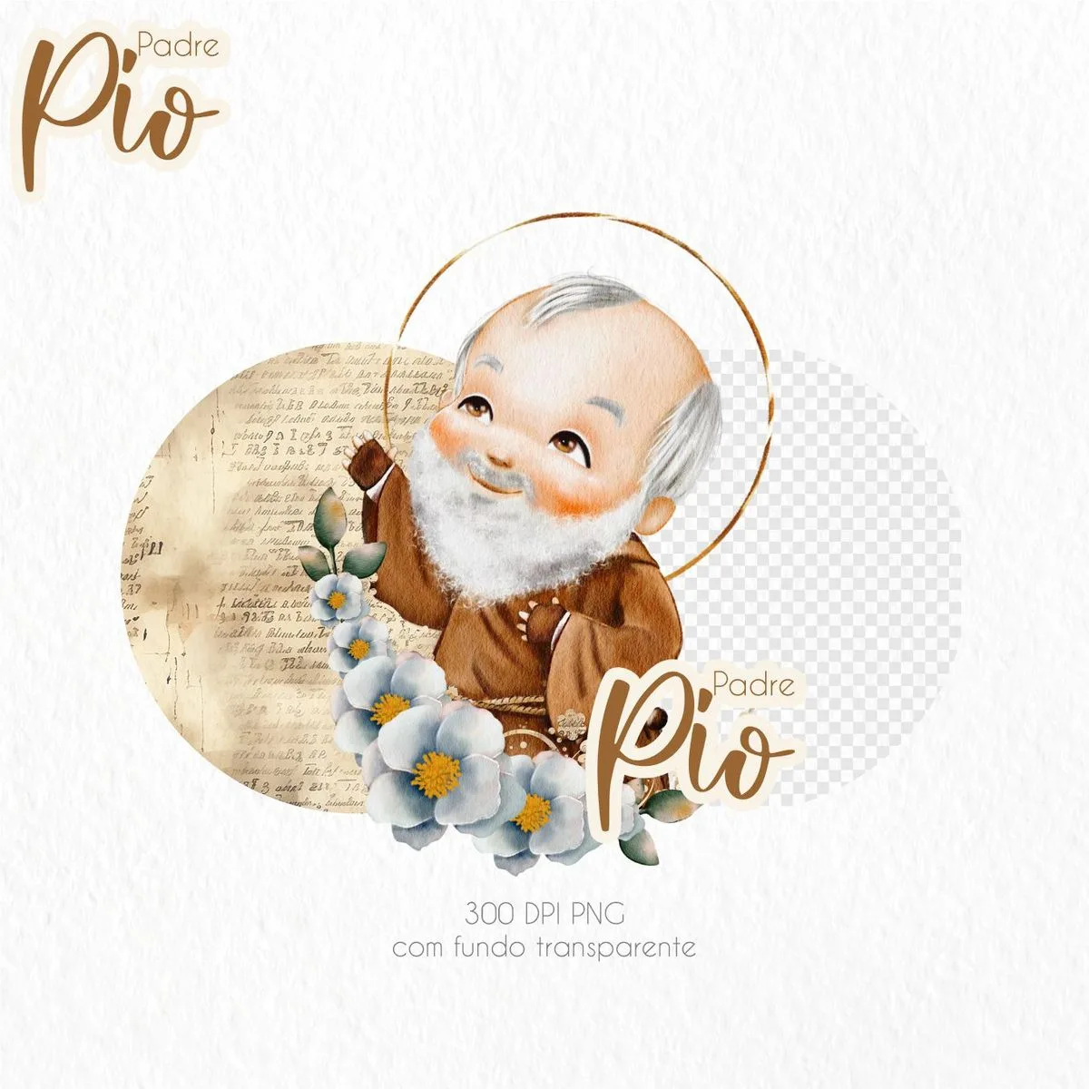 Pack Ilustrações Padre Pio Santinhos Png Personalizados 1 Ilustração infantil em aquarela de um senhor idoso com barba branca e flores azuis