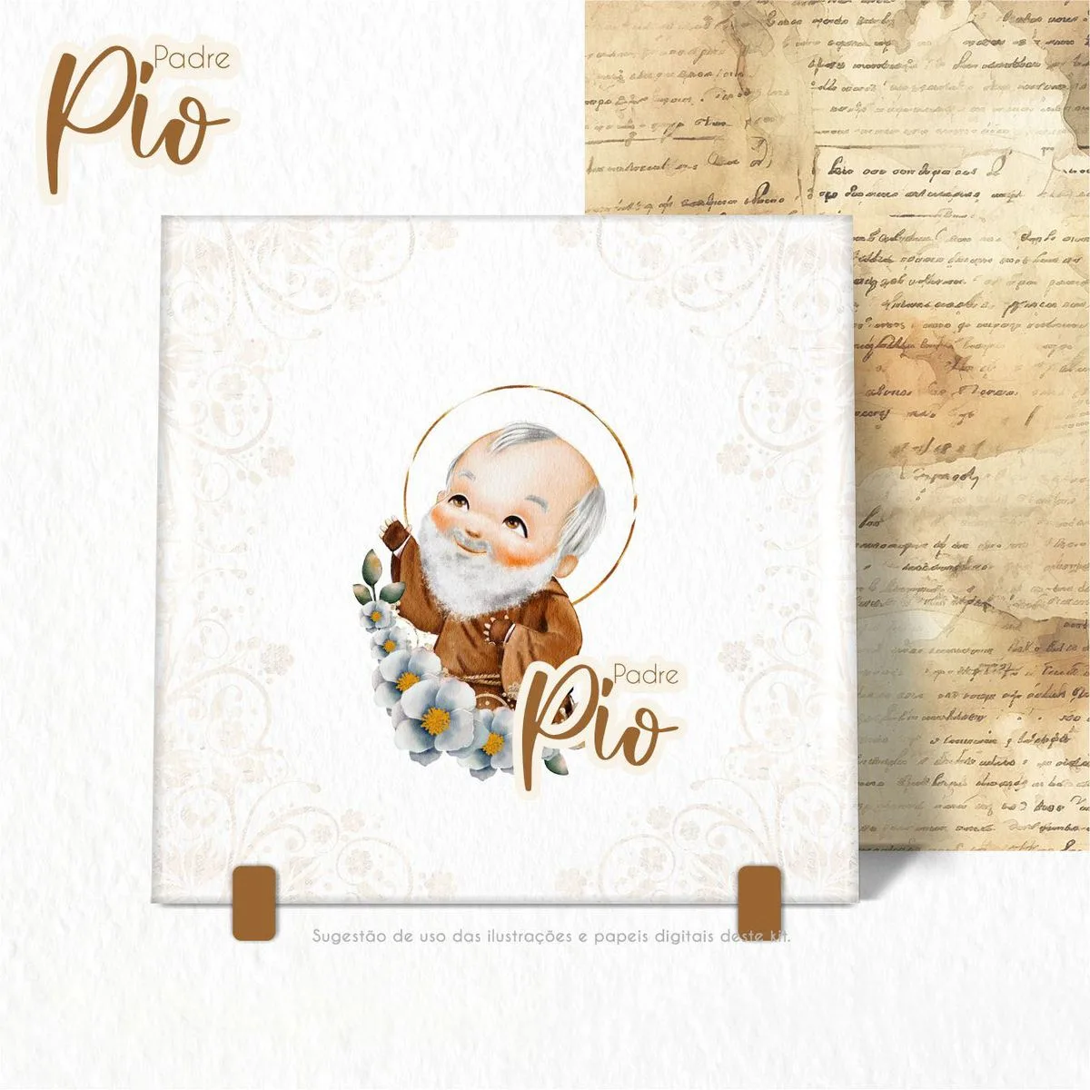 Pack Ilustrações Padre Pio Santinhos Png Personalizados 8 Ilustração infantil digital de um homem idoso com barba branca e flores.