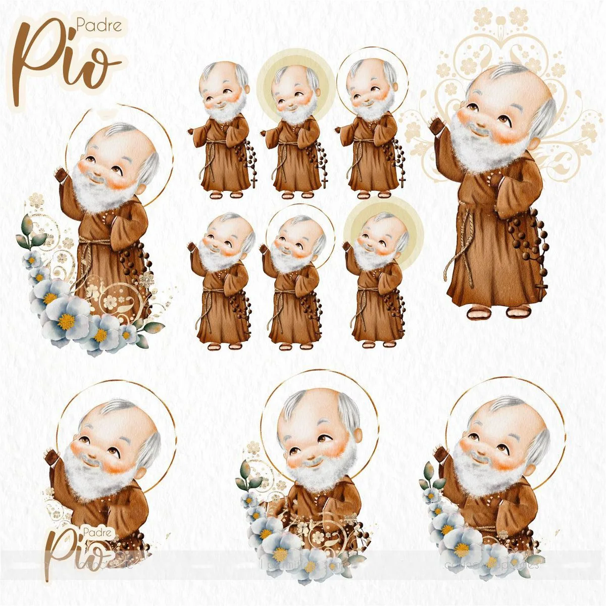 Pack Ilustrações Padre Pio Santinhos Png Personalizados 6 Ilustrações digitais em aquarela de um religioso idoso com barba branca e hábito marrom