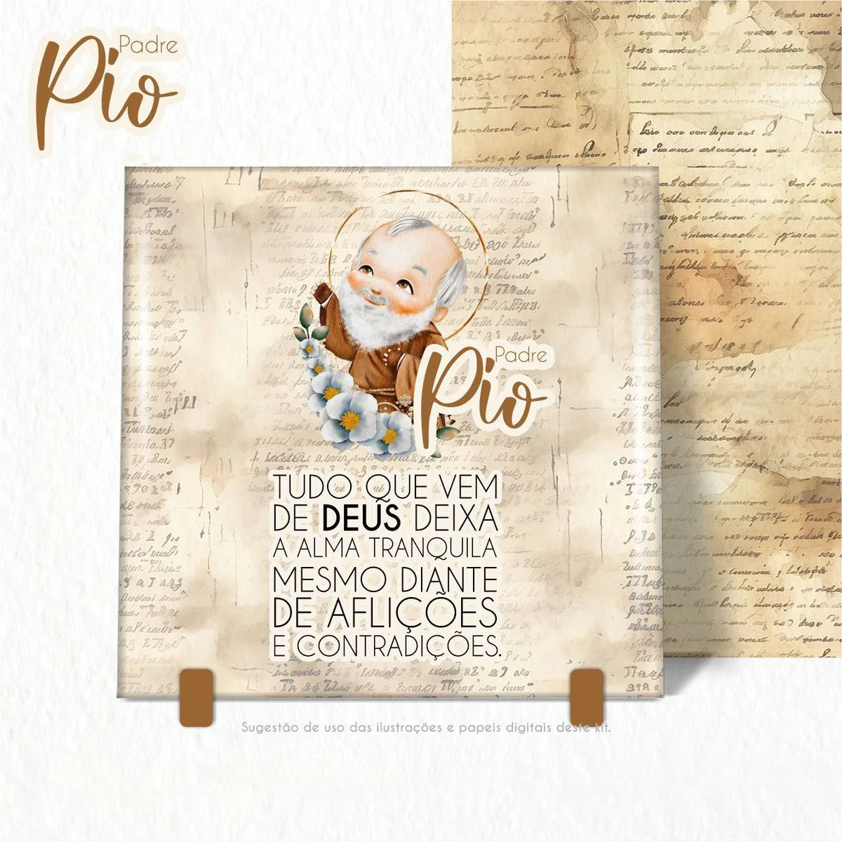 Pack Ilustrações Padre Pio Santinhos Png Personalizados 5 Ilustração religiosa infantil com texto em português sobre fundo de papel antigo.