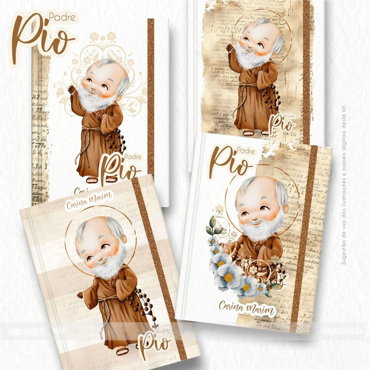 Pack Ilustrações Padre Pio Santinhos Png Personalizados 4 Ilustrações digitais de um senhor com barba branca e hábito marrom em fundo vintage