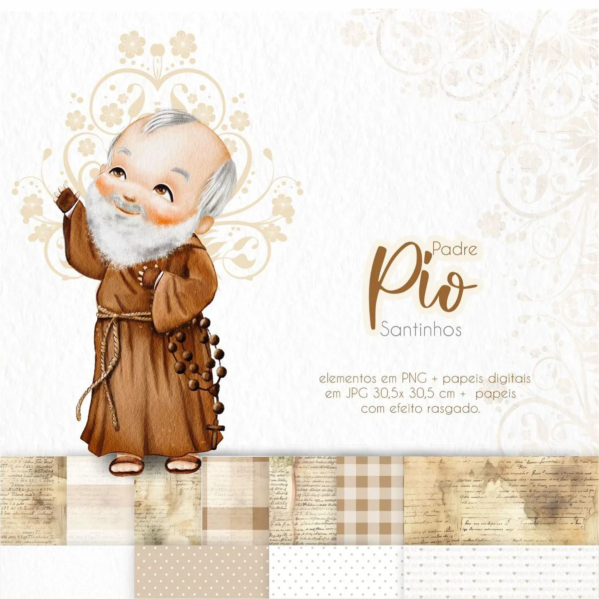 Pack Ilustrações Padre Pio Santinhos Png Personalizados 3 Ilustração digital de um homem idoso barbudo com hábito marrom e rosário.