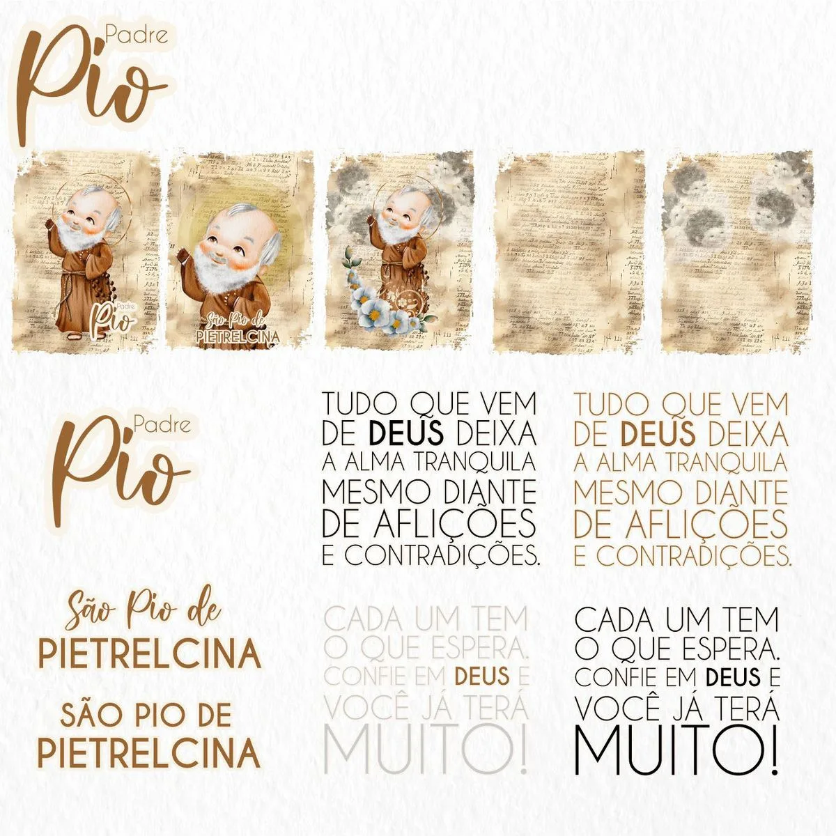 Pack Ilustrações Padre Pio Santinhos Png Personalizados 2 Ilustrações digitais com textos religiosos e figuras de um religioso em estilo infantil.