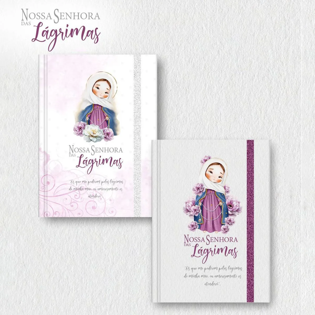 Duas capas de caderno com ilustrações religiosas e frases escritas em fundo claro.