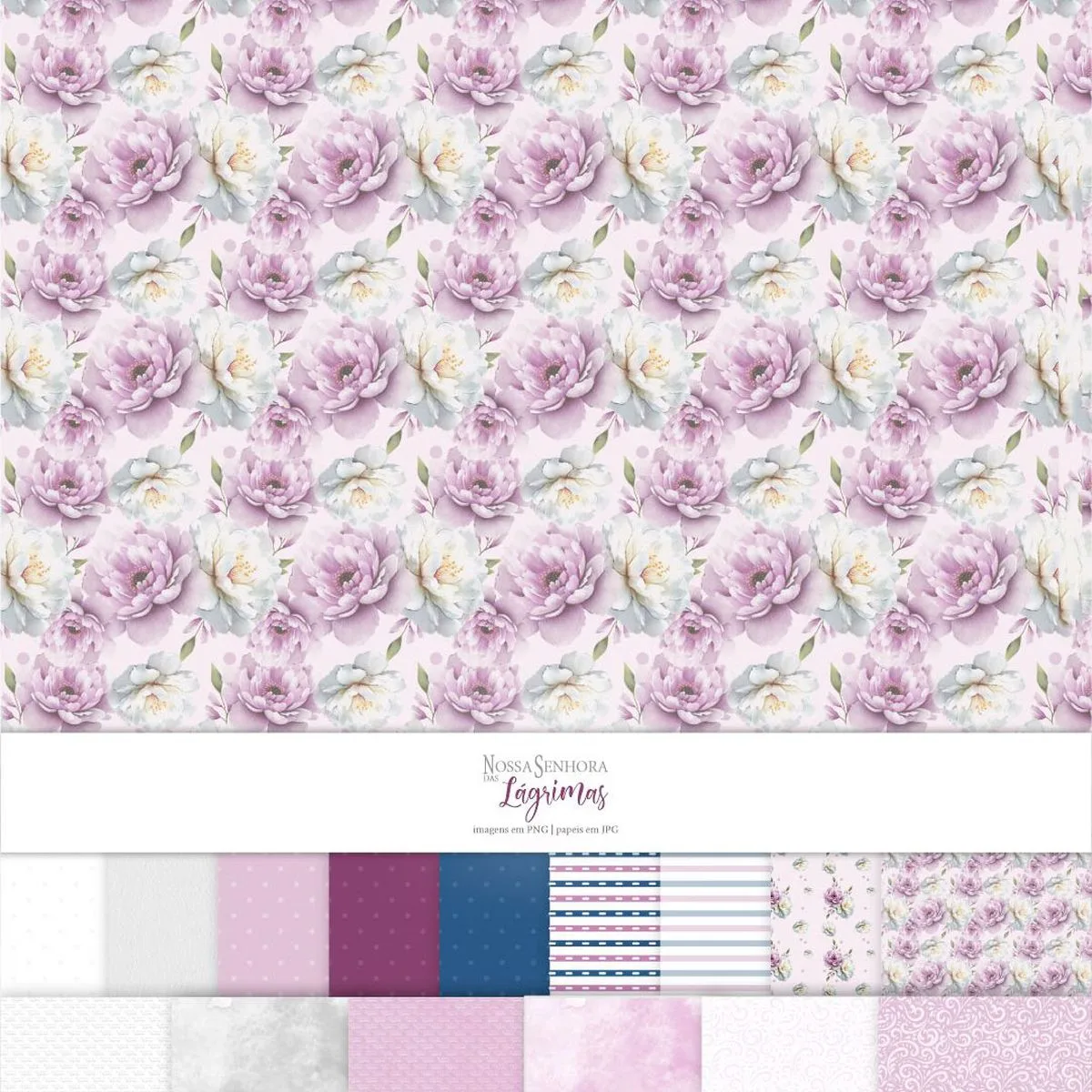 Papel digital estampado com flores roxas e brancas em fundo rosa claro.