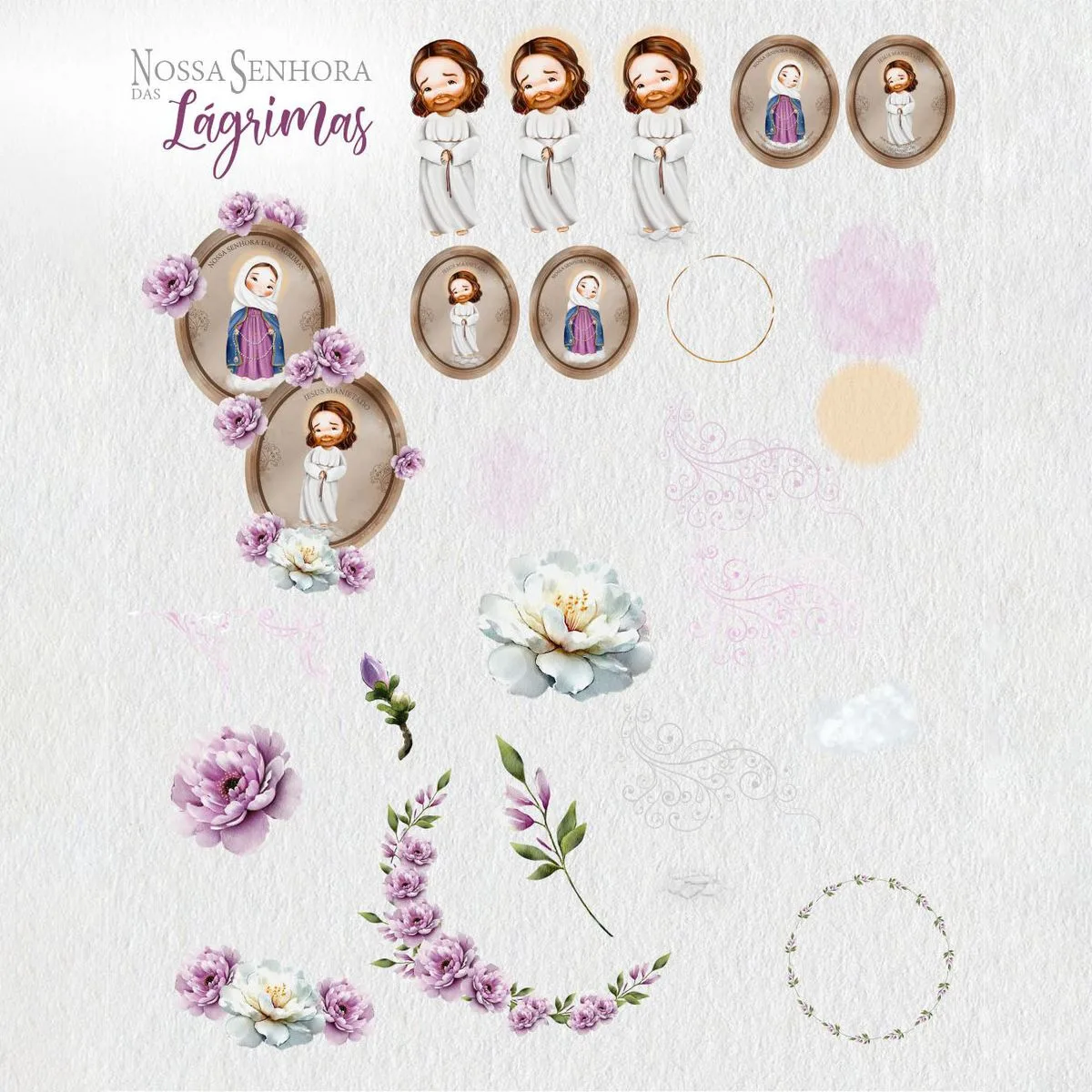 Ilustrações digitais de personagens religiosos, flores roxas, folhas e elementos decorativos dispostos.
