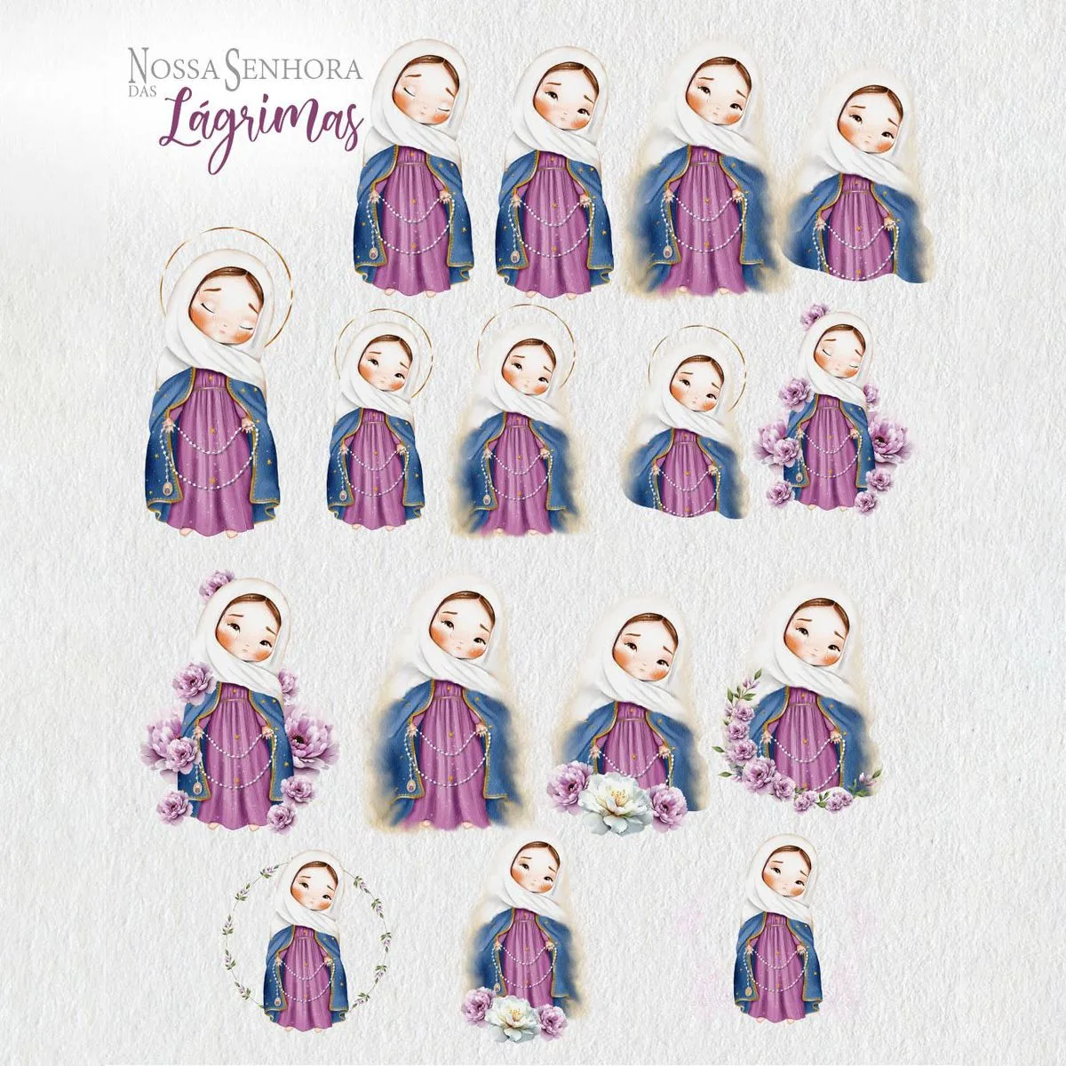 Ilustrações digitais de uma figura feminina com véu branco e manto azul.