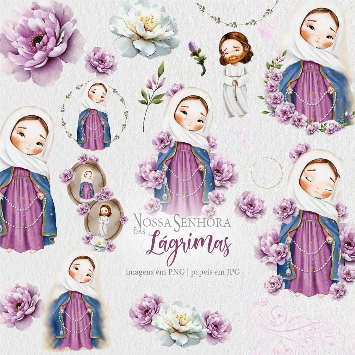 Ilustrações digitais em aquarela de figuras religiosas e flores roxas em fundo branco.